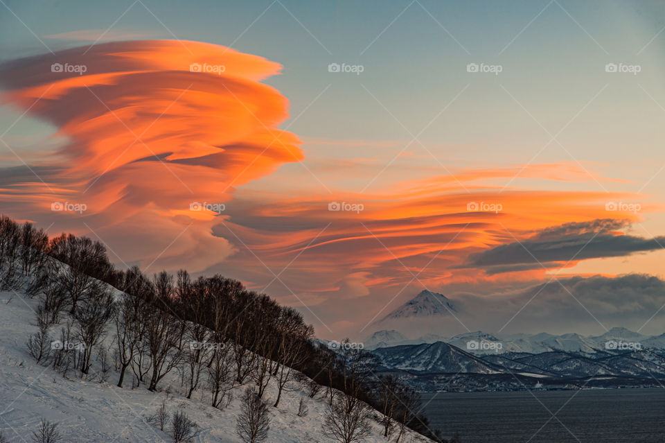 Kamchatka. Vilyuchinsky volcano and lenticular clouds