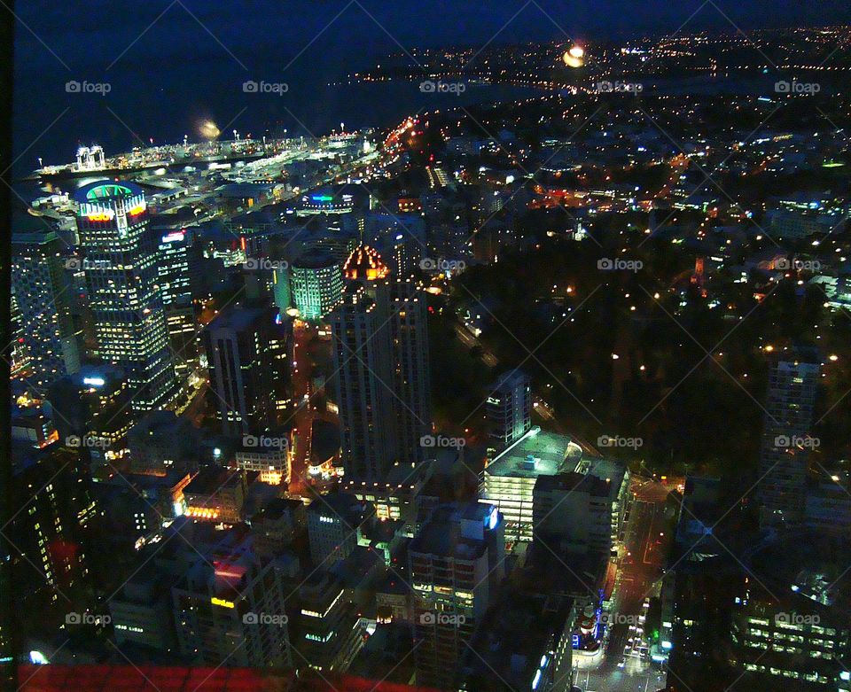 city lights. view of auckland from sky towers