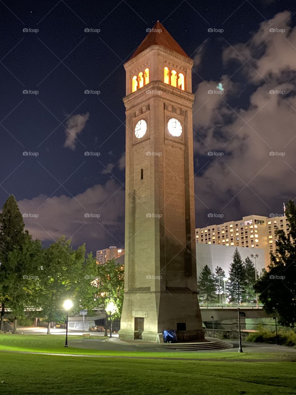 Spokane  Clock Tower. Whimsical night in the park. 