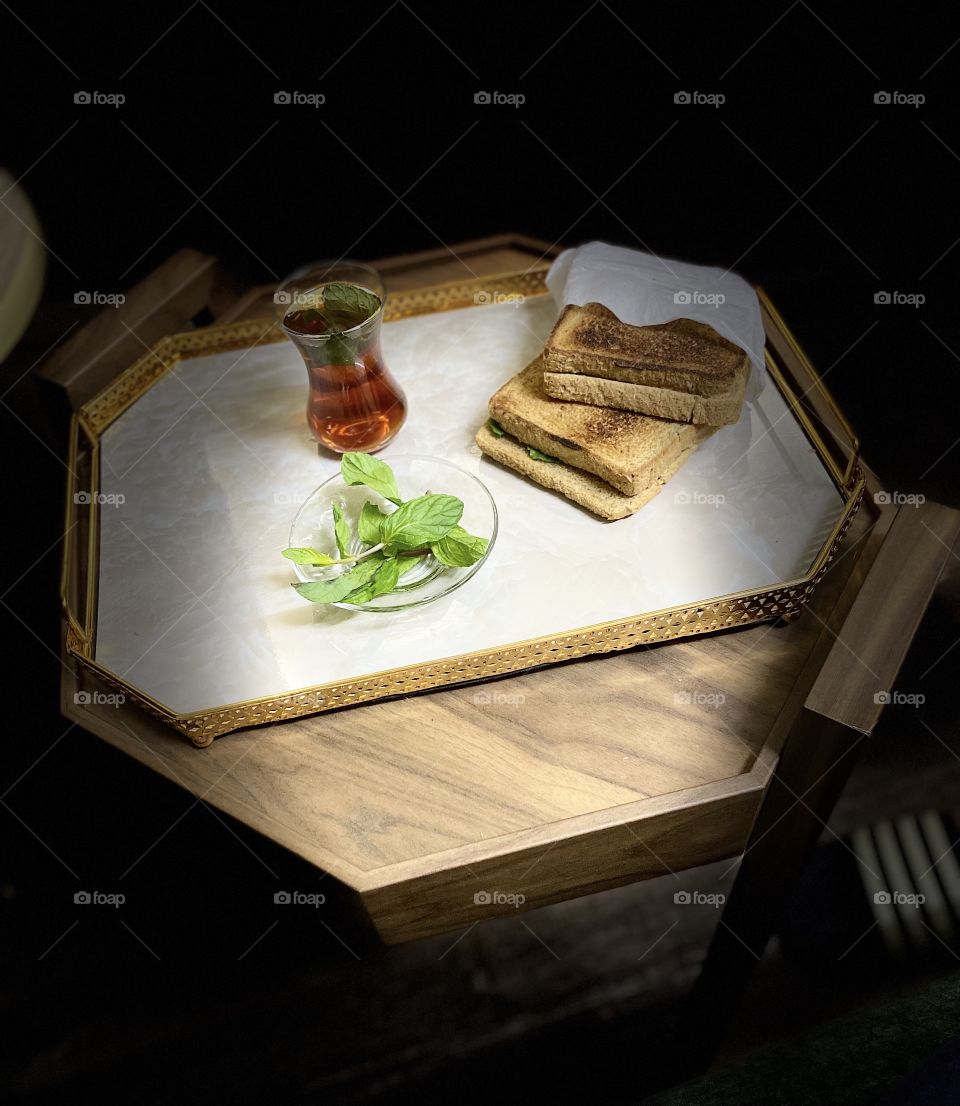 Tea with mint and cheese sandwich 🍵