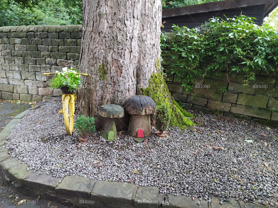 flowers on a bicycle and toadstools. Summer in England