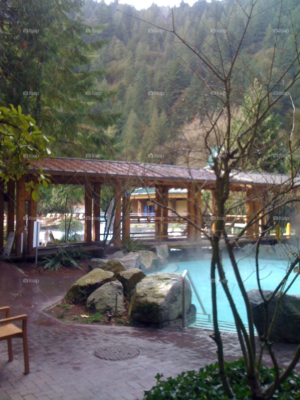 beautiful harrison hot springs pool and bridge walkway in nature