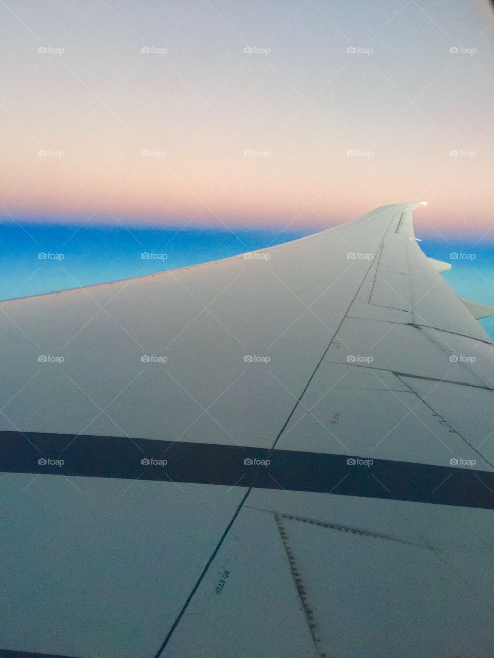 Travel Airplane wing overlooking the horizon & sky during dusk or dawn 