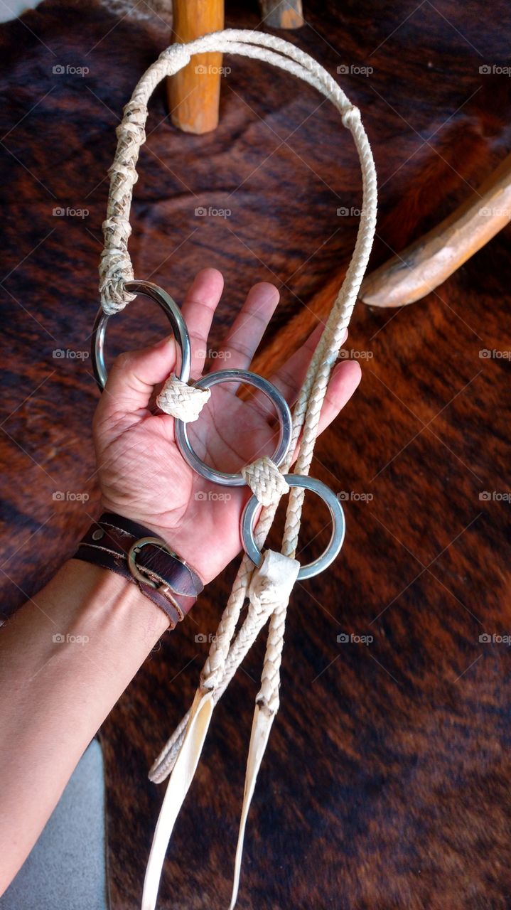 Em minha mão, um chicote (reio) de couro cru com argolas de inox. Artesanal de selaria. Pra chicotear (bater) em animais na lida do campo.