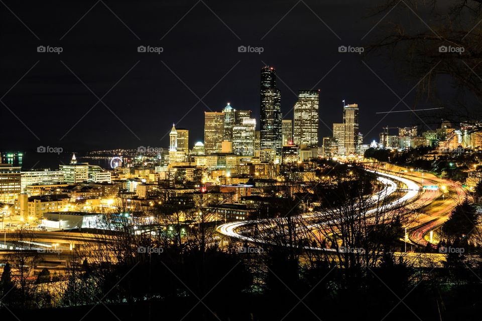 The Seattle city in Washington USA at night