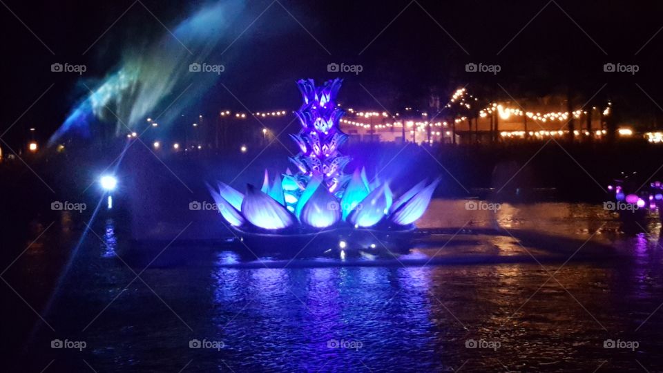 Brilliant blue lights up the waters of the Discovery River during Rivers of Light at Animal Kingdom at the Walt Disney World Resort in Orlando, Florida.