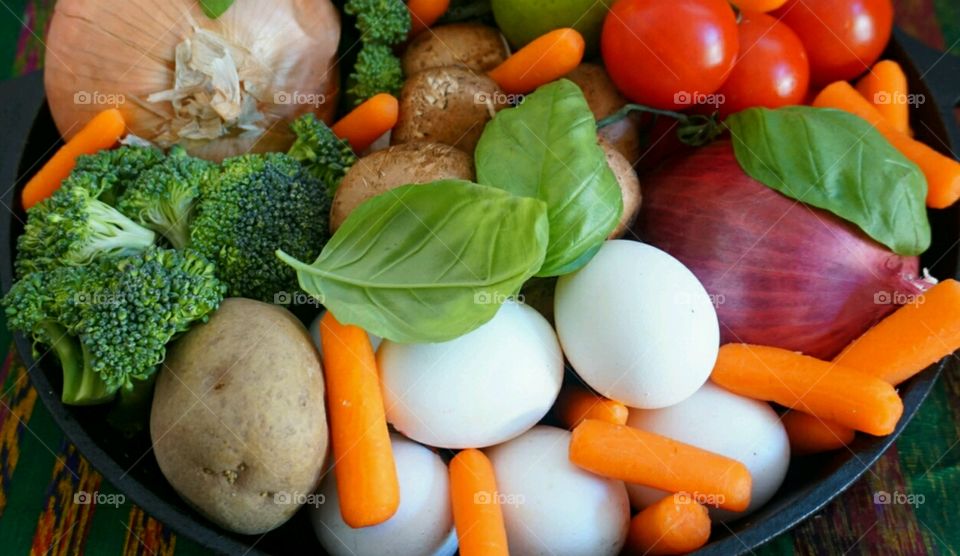 High angle view of a vegetable and egg