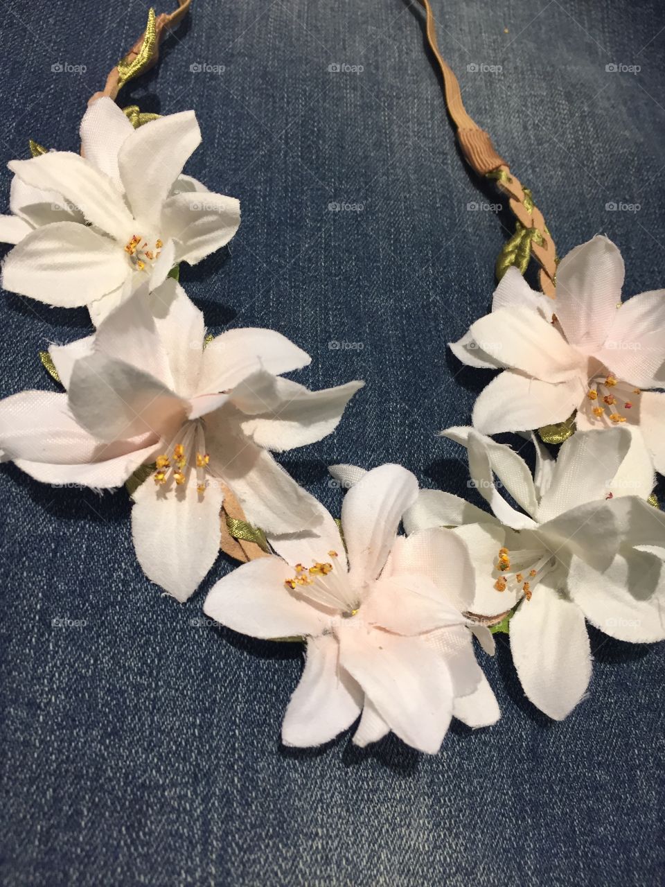 Flower crown:  white flowers on denim. 1 of 2. 