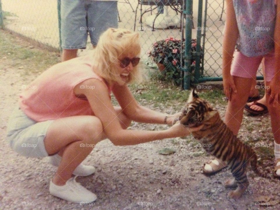 Woman getting bitten by a tiger cub.