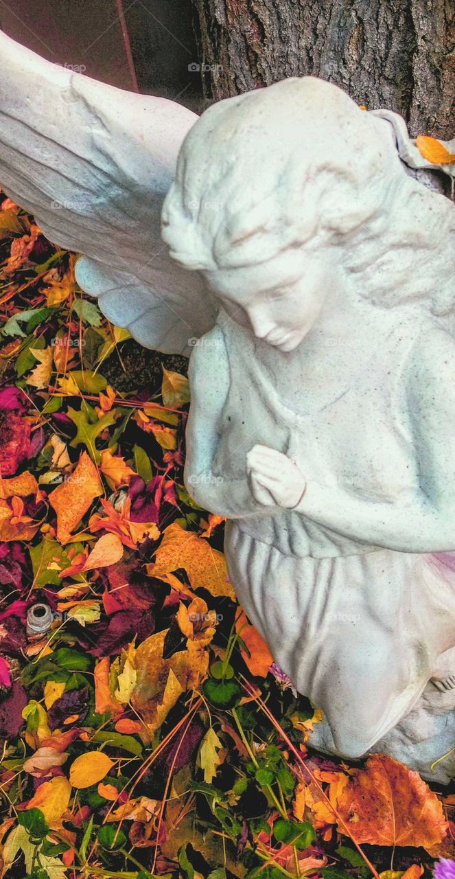 An old stone angel statue surrounded by autumn leaves