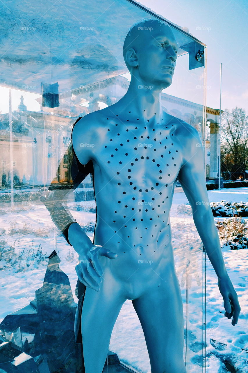 portrait of a mannequin in a glass cube, abstraction