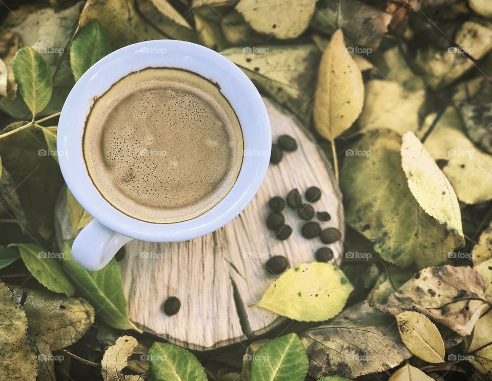 Cup of coffee, top view, vintage toning 