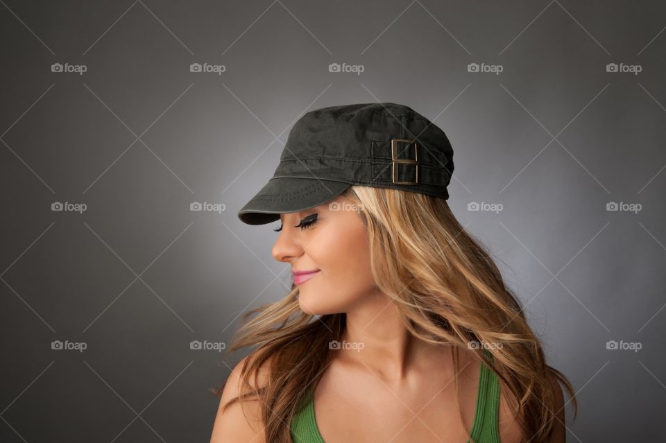 Pretty woman smiling and looking down