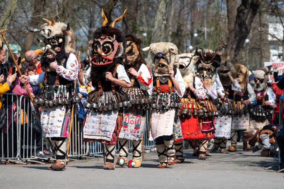 Kukeri Dance. Kukeri are elaborately costumed Bulgarian Men, who Perform Traditional Rituals Intended to Scare Away Evil Spirits