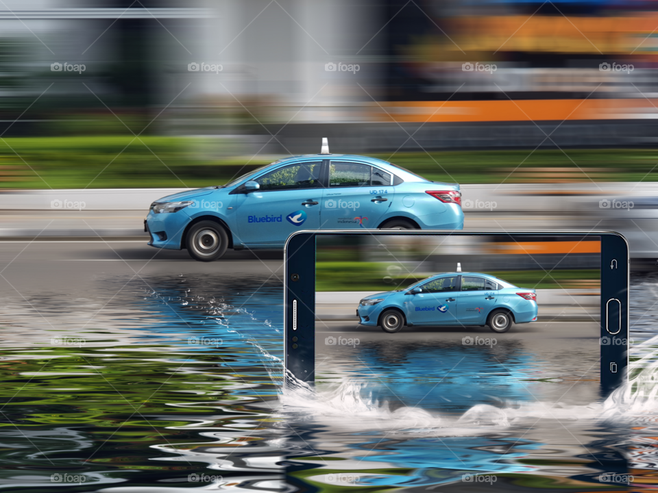 City taxis, sedan on flooded roads, cell phone camera captures, edited photos of city taxis splashing water on flooded roads