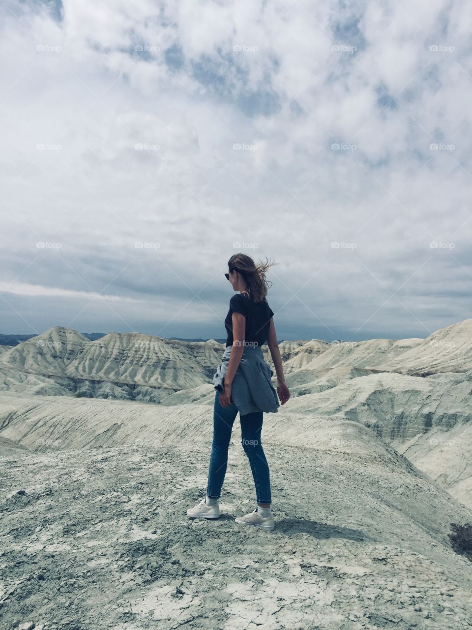 Girl on top of mountains, nature, Martian landscape