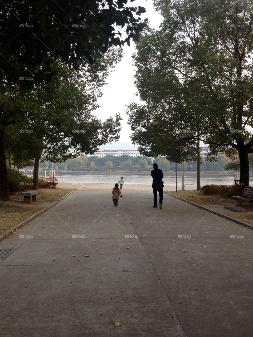 A father with 2 children  taking a walk in a park near river 
