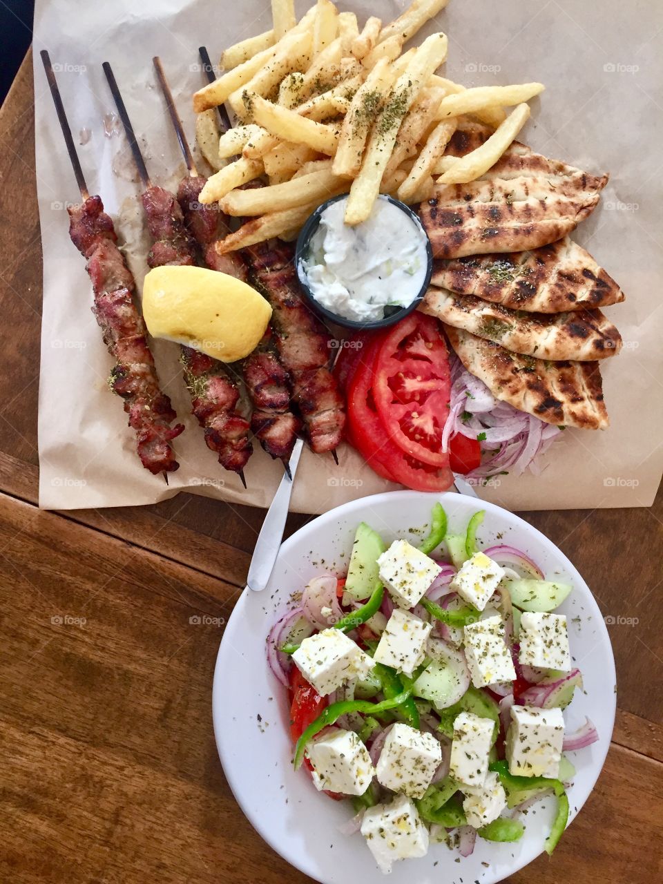 Delicious, traditional souvlaki in neighborhood restaurant in Attica, Athens Greece 