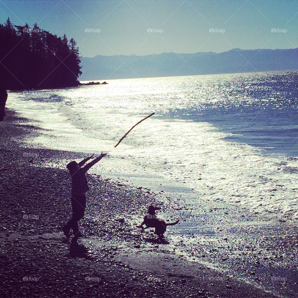 Boy, dog and stick.