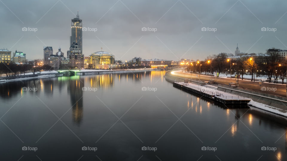 Panoramic view of Moscow river with Moscow International House of Music in the background