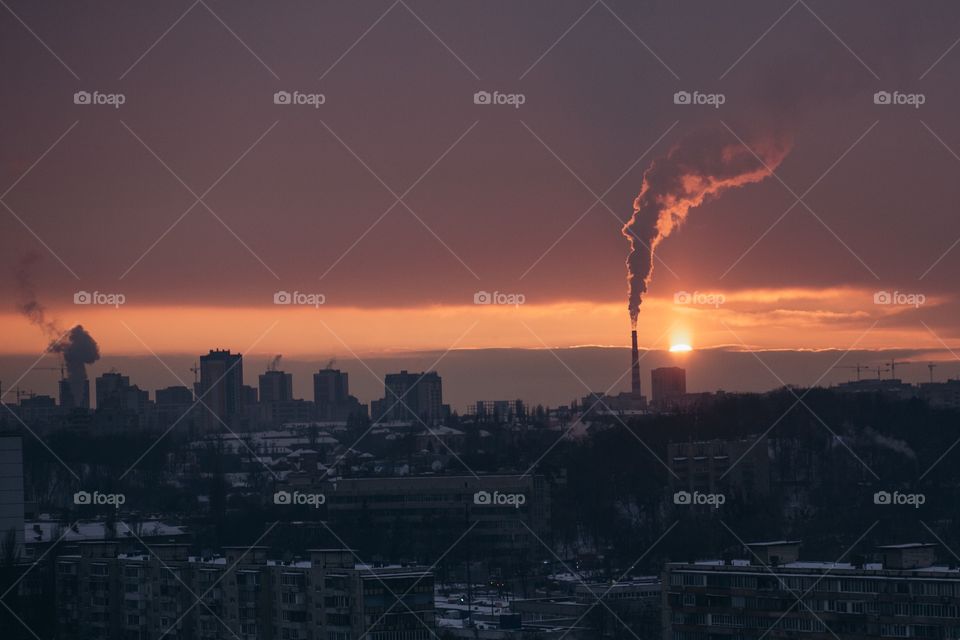 city ​​sunset view and chimney