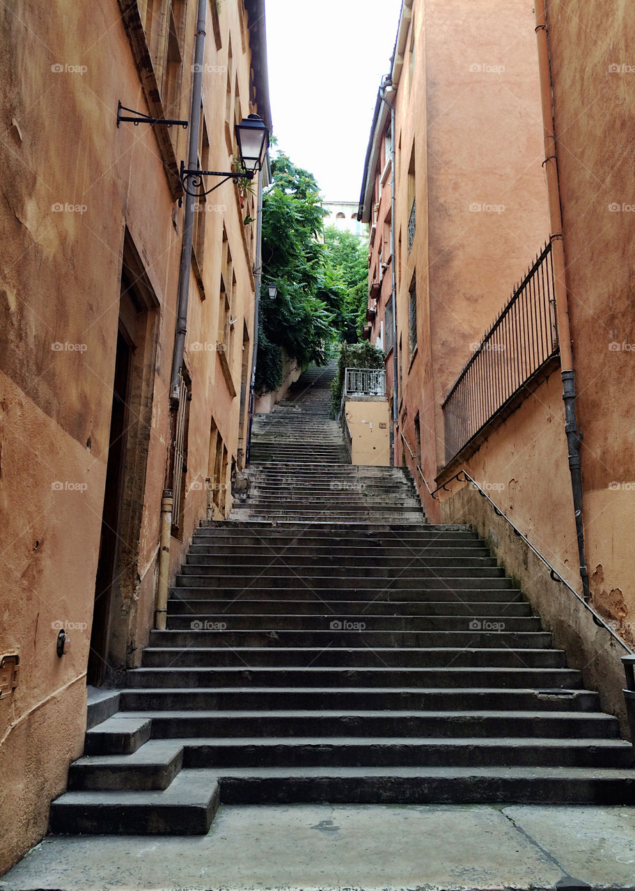 Stairs up the hill between houses. Lyon.