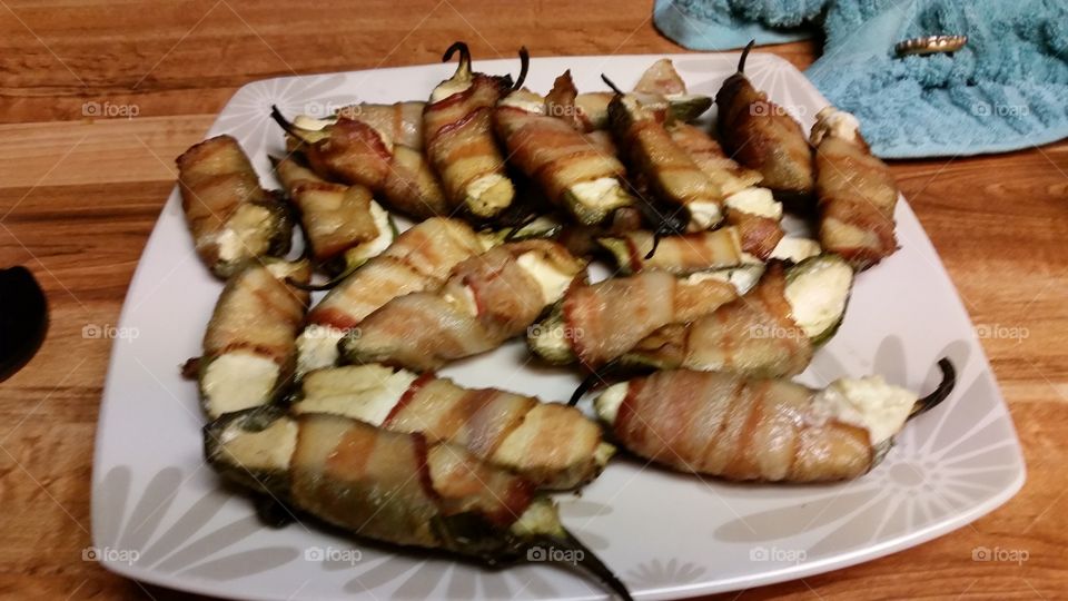 BBQ Jalapeno Poppers. cream cheese stuffed bacon wrapped jalapenos.