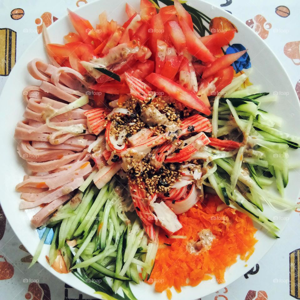 Ham, crab stick salad