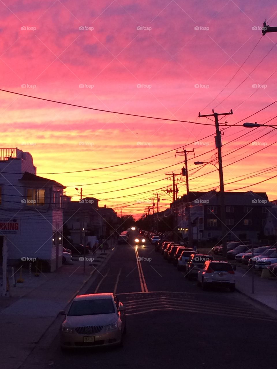 Wildwood street view with a beautiful sunset sky 