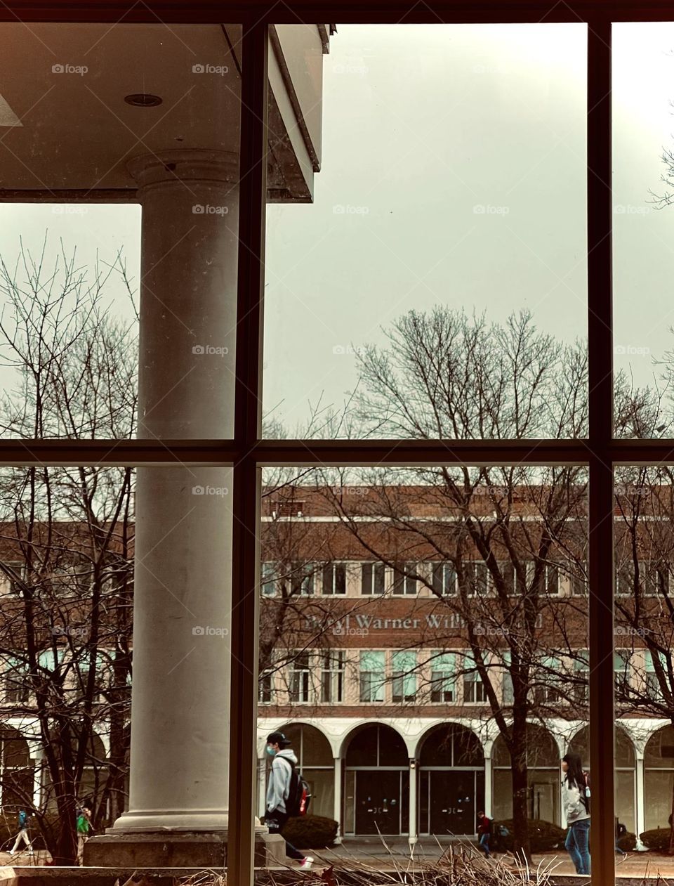 Looking through a window into the courtyard at college in early Spring.