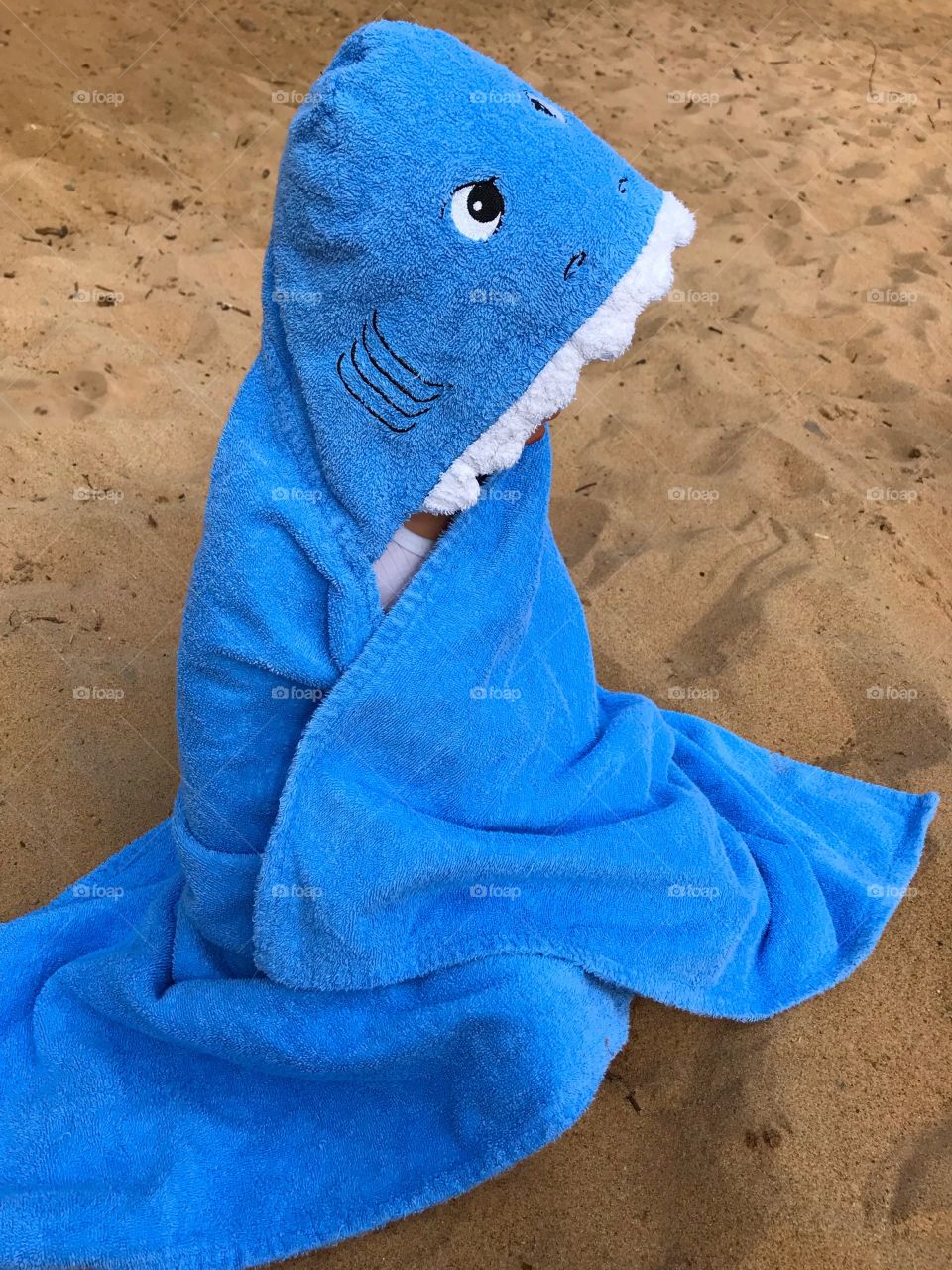 Young child in a shark towel on a beach