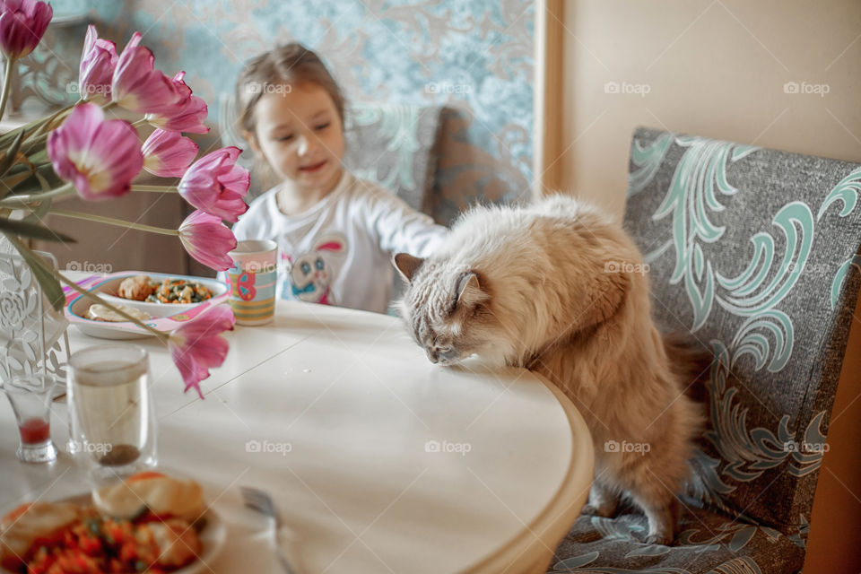 Little girl eating her breakfast in a light kitchen 