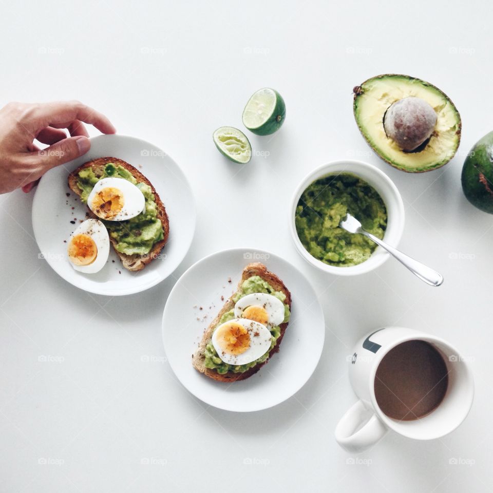 Overhead view of breakfast food