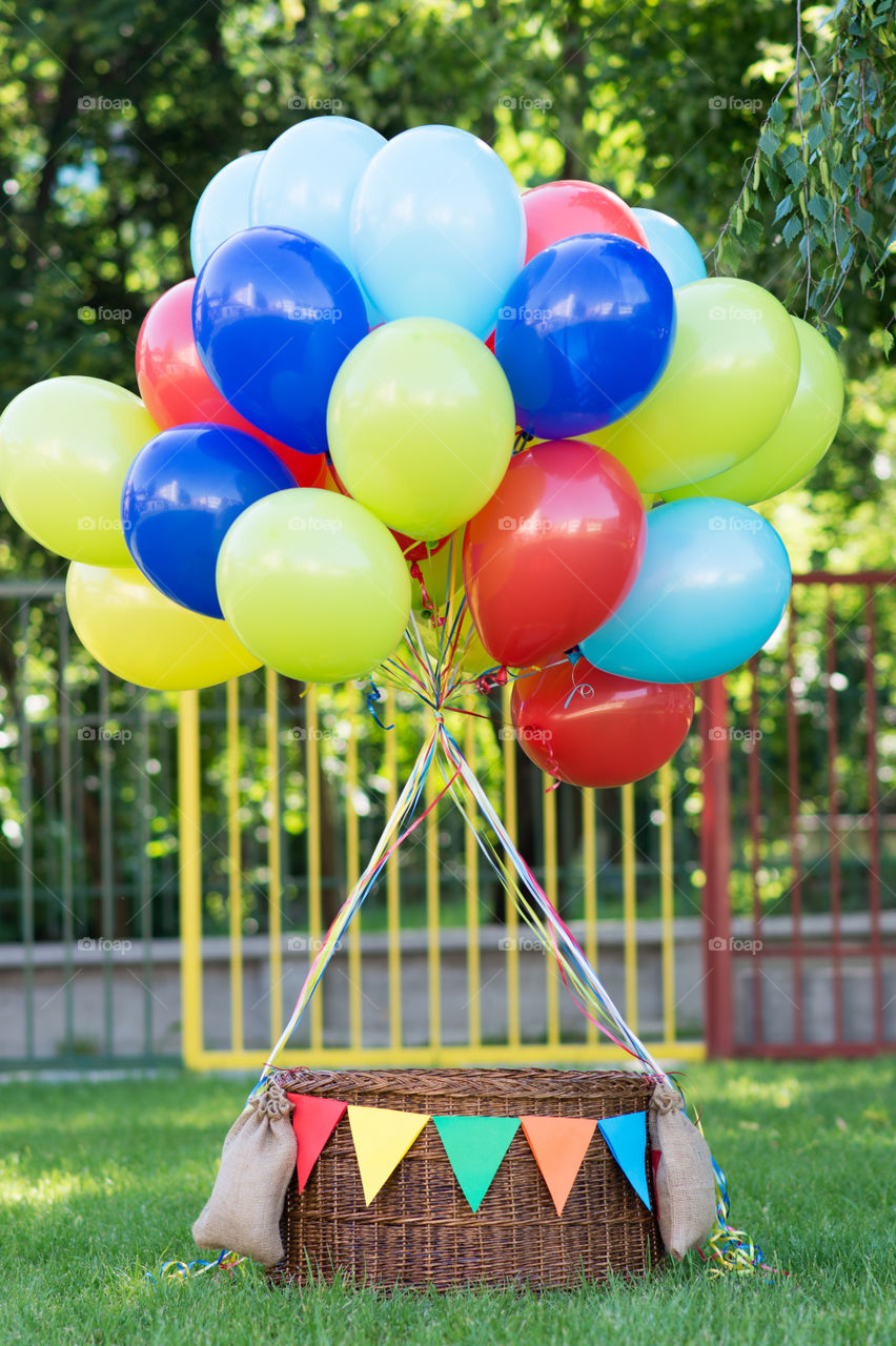 Colorful balloons as a photo set for kindergarten representing a hot air ballon imaginative story for kids