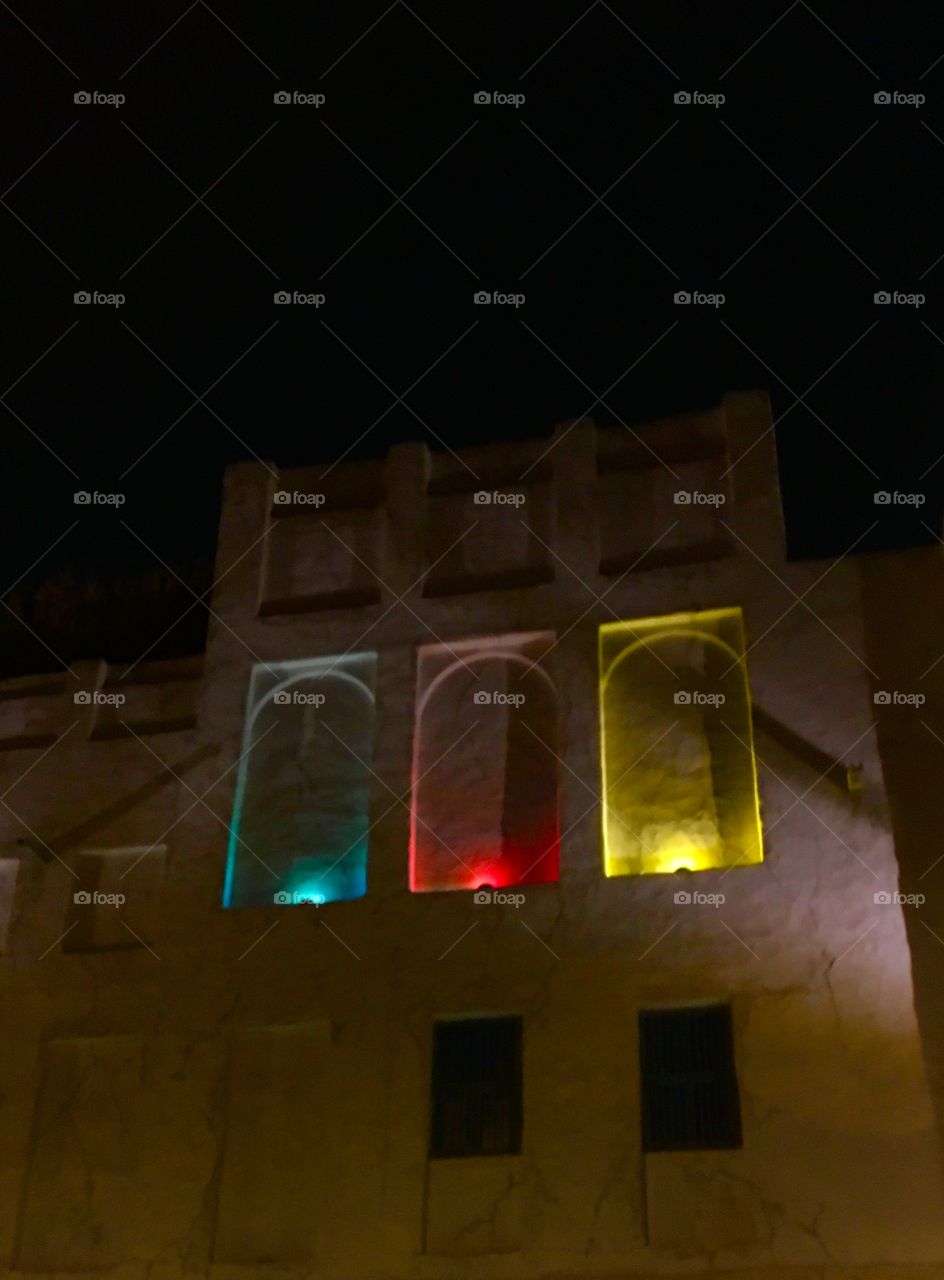 Different colour light window, Night view - part of Arab culture 