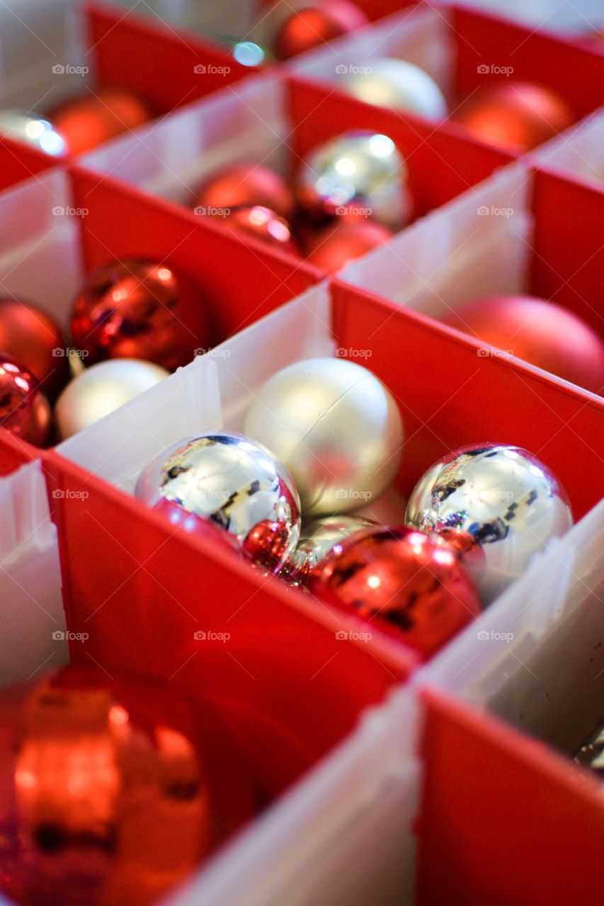 Box of Red, White and Silver Ornaments 
