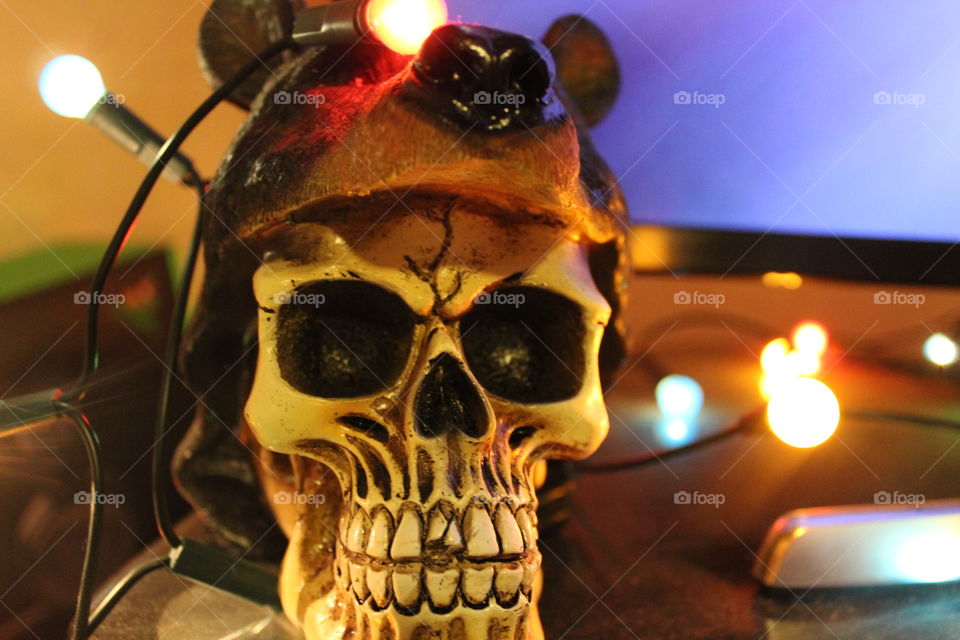 Spanish bear skull ornament decorated with bright and festive lights from the holidays.