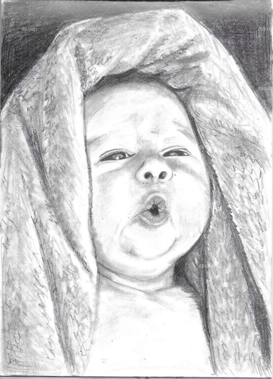 Cute baby after bath (pencil drawing)