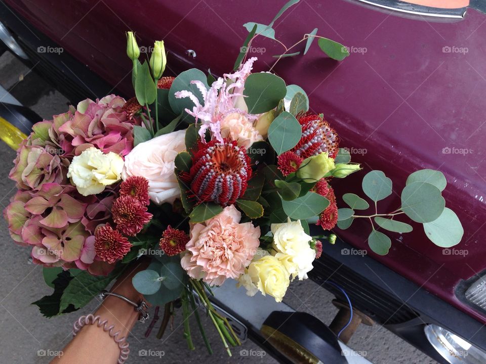 Bridal bouquet with hydrangea and protea