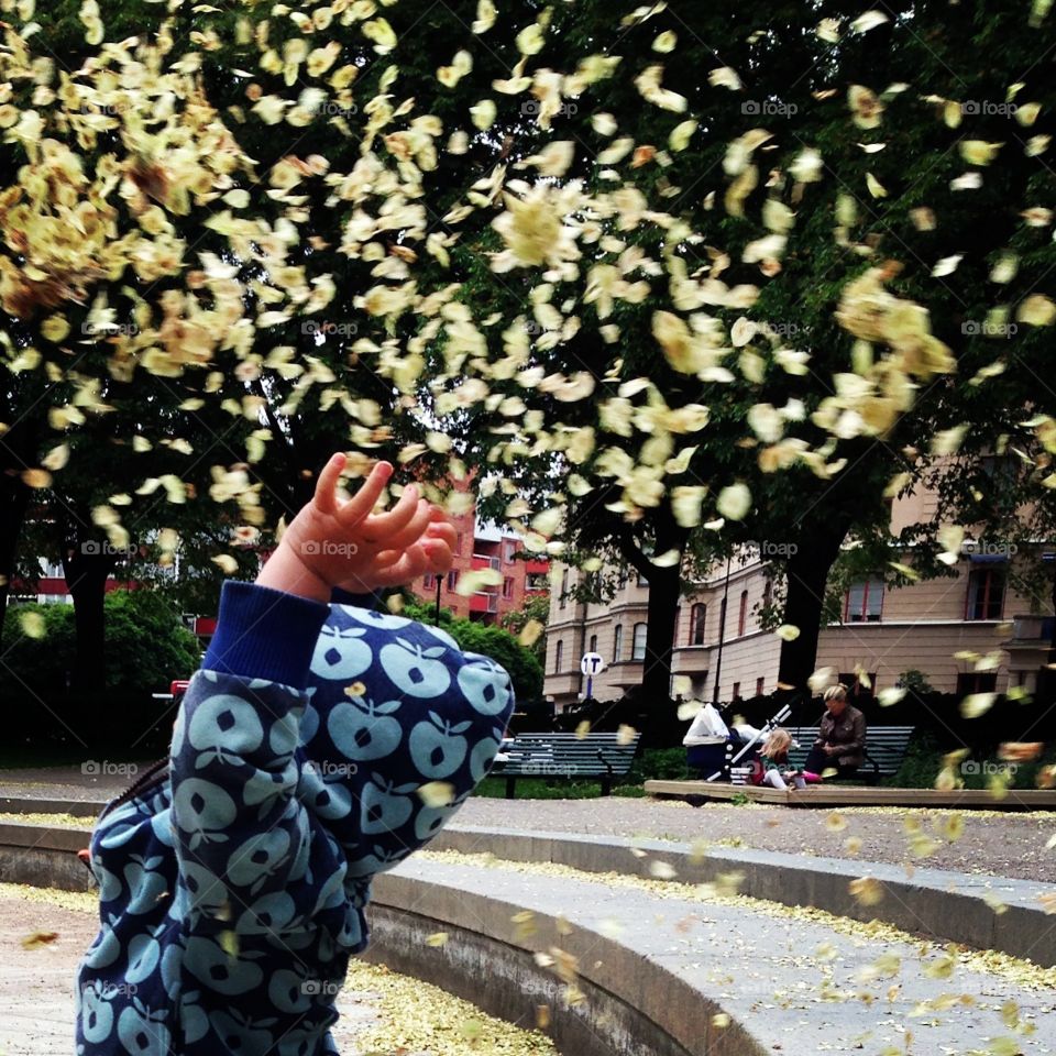 Boy in apple printed hoodie with autumn leafs