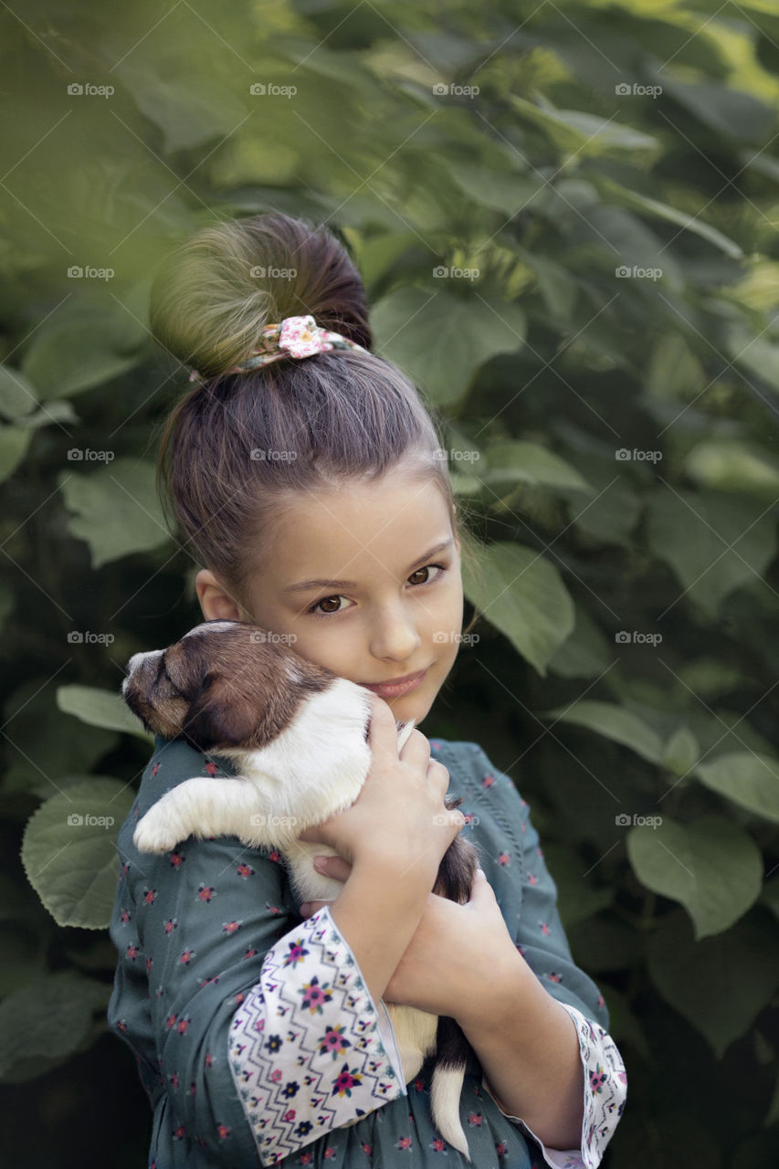 Best friend, dog and girl, smiling face, childhood, happy , portrait 