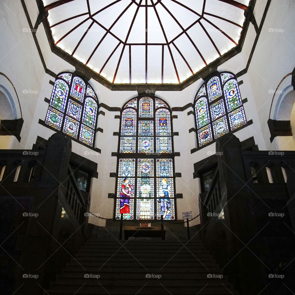 iconic stained glass, inside the Lawang Sewu, heritage building of the colonial era in Indonesia