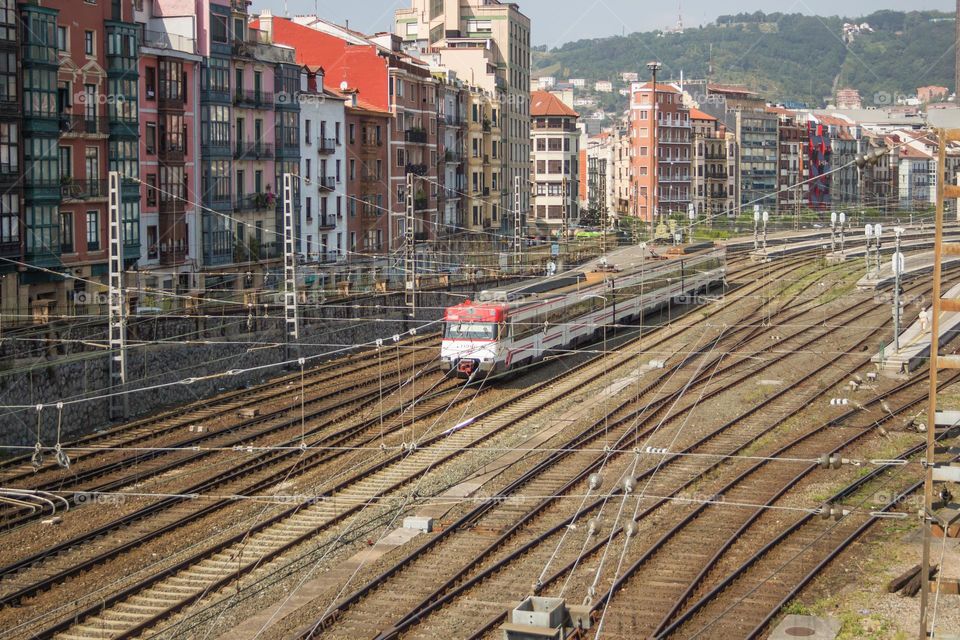 High speed train moves along the railway tracks