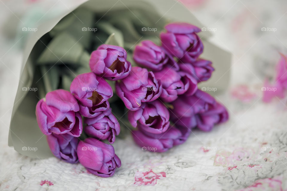 Spring bouquet in pink and purple colors. Tulips