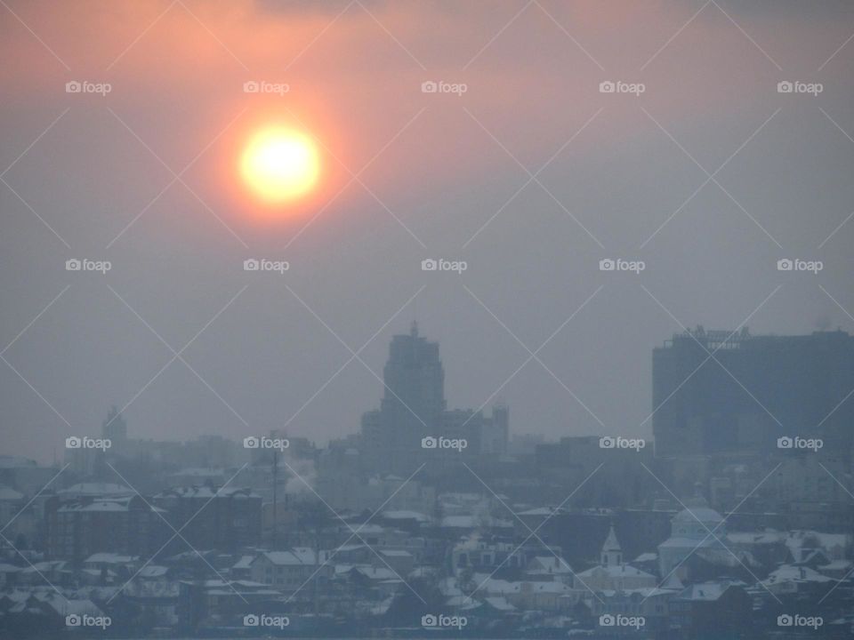 sunset on a frosty day over Voronezh in Russia