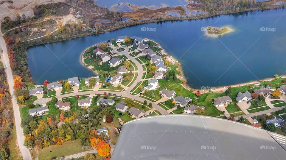 aerial photo of lakeside neighborhood