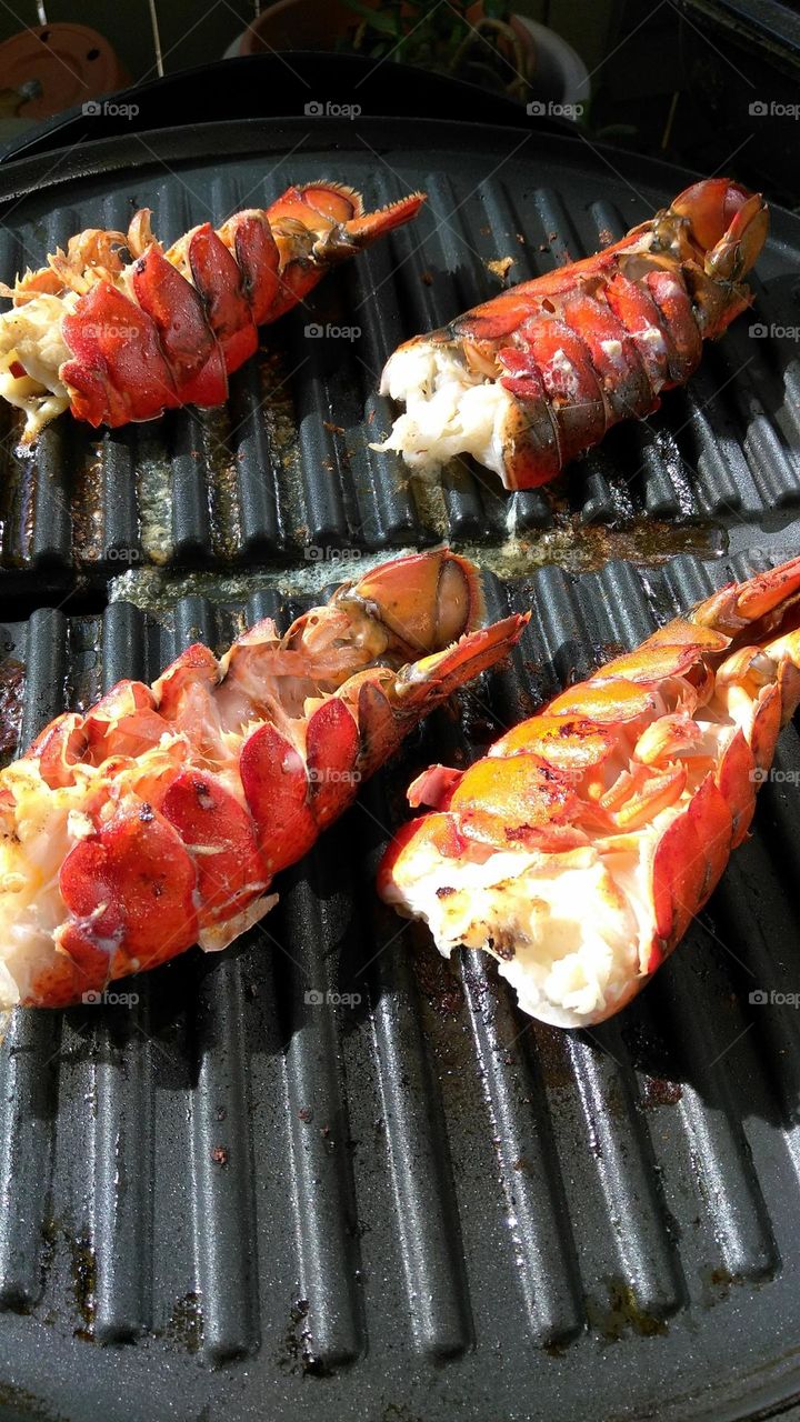 lobster tails grilling on a electric grill on a patio in Citrus Heights California