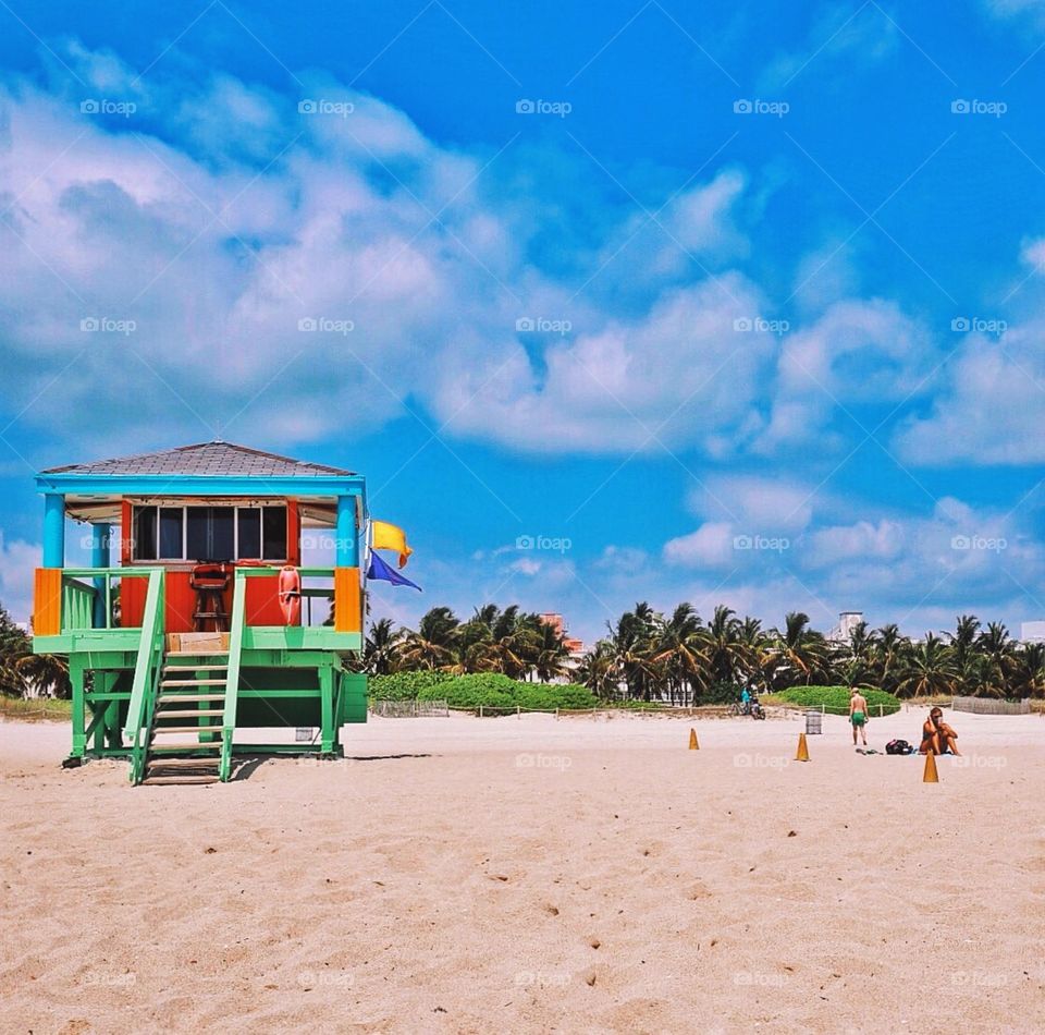 Colorful lifeguard stand . Ultra bright lifeguard stand on Miami beach 
