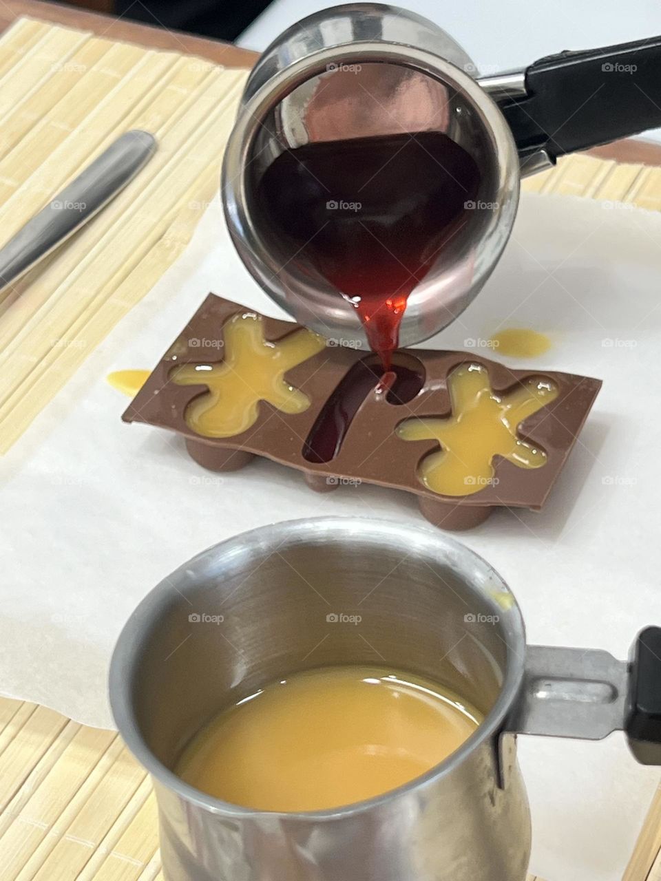 Working desk with wax and jar for making candles 