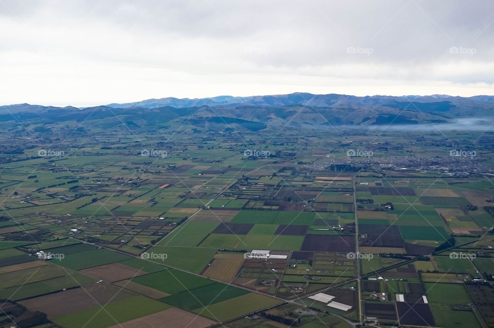 View of the Canterbury Plains when coming in for landing in Christchurch, New Zealand 